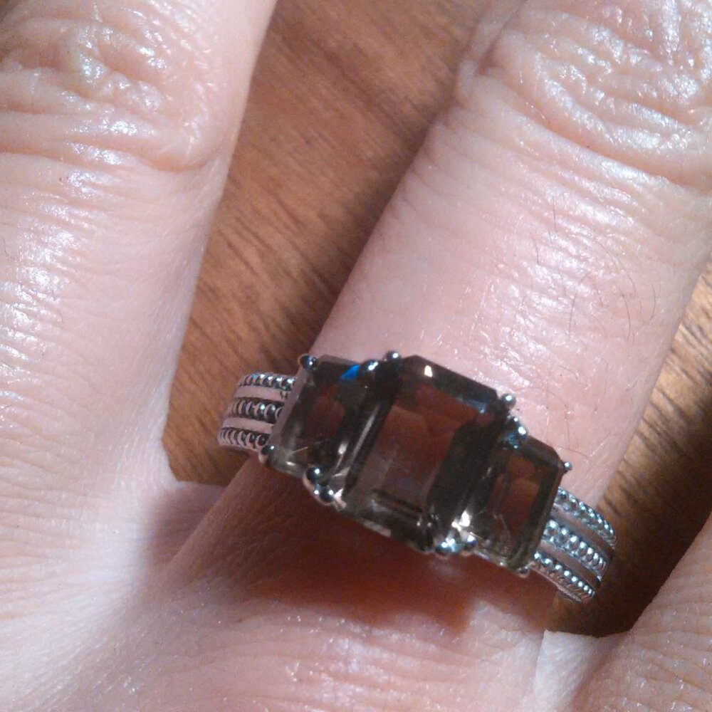Brazilian Smokey Quartz Stainless Steel Three Stone Fancy Ring (Size 9)